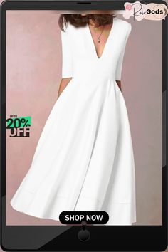 Women's Swing Dress Midi Dress Half Sleeve Solid Color Spring & Summer Hot White Dresses White Shift Dress Solid Color, White V-neck Shift Midi Dress, White Shift Midi Dress With V-neck, White Knee-length Solid Color Dress, White Knee-length Solid Dress, White Knee-length Dress, Hot White Dresses, Dress Half Sleeve, Summer Hot