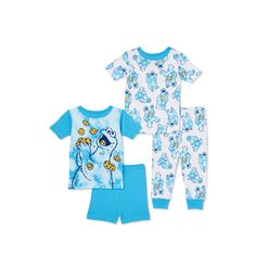 two children's pajamas and one is blue with cartoon characters on the front, both are