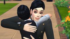 an animated image of two people hugging each other in the middle of a garden area