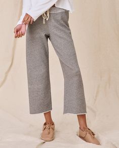 The Wide Leg Cropped Sweatpant. -- Varsity Grey – The Great. Gray Wide Leg Sweatpants Athleisure, Gray Wide Leg Athleisure Sweatpants, Versatile Cropped Leg Loungewear Bottoms, Cropped Leg Pull-on Bottoms For Loungewear, Gray Cotton Wide-leg Sweatpants, Tap Shorts, Summer Dreaming, Emily And Meritt, Pointelle Knit