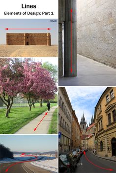 four different pictures with the same building and trees in each photo, along with an arrow pointing up