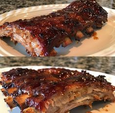 two plates with ribs and sauce on them