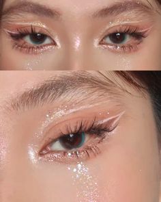 Sparkly Makeup Looks Simple, Dousing Eye Makeup, Flirty Makeup Looks, Almond Nails Douyin, Subtle Fairy Makeup, White And Gold Makeup Looks, Angelic Makeup Aesthetic, Nude Makeup Looks, Makeup For White Dress