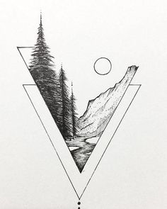 a black and white drawing of mountains, trees, and a lake with a half moon in the sky