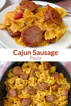 Collage of Cajun Sausage Pasta in a skillet and on a plate on a red and white plaid napkin Cajun Sausage Pasta, Smoked Sausage Pasta, Sausage Recipes For Dinner, Cajun Sausage, Resep Pasta, Smoked Sausage Recipes, Sausage Dinner, Quick Pasta Recipes, Easy Pasta Dinner