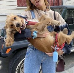 a woman is holding three dogs in her arms while standing next to a truck and looking at the camera