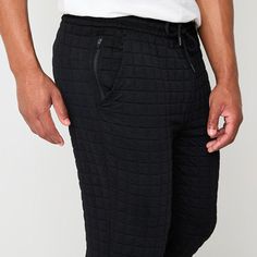 These Xersion men's mid-rise workout pants are a cool style to wear for your workouts. Made from a grid textured soft knit, this tapered leg pair has an elastic-drawstring waist and side slip pockets. Style it with joggers and a tee.Front Style: Flat FrontClosure Type: Full Elastic, DrawstringFit: Regular FitPockets: 2 Side Slip PocketsFiber Content: 95% Polyester, 5% SpandexFabric Description: JacquardInseam: 28 1/2 InLeg Style: Tapered LegCare: Machine Wash, Tumble DryCountry of Origin: Import Rise Workout, Workout Pants, Soft Knits, Drawstring Waist, Cool Style, Mid Rise, Pants, How To Wear, Black