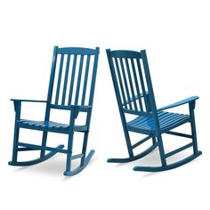 two blue rocking chairs sitting next to each other