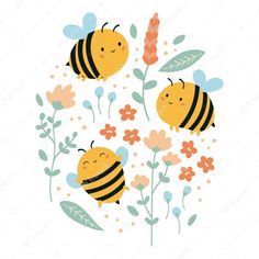 two bees are surrounded by flowers and leaves