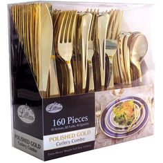 a package of gold colored forks and spoons