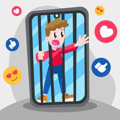 a man behind bars with social media icons around him and his hand up in the air