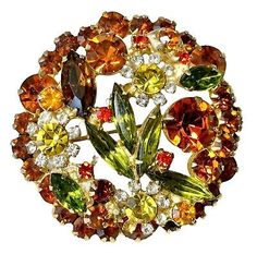 Juliana D&E Brooch Orange Green Clear Navette Flower Round Fall Colors  | eBay Juliana Jewelry, Book Pieces, Rose Jewelry, Little Flowers, Rhinestone Brooches, Vintage Pins, Vintage Roses, Vintage Costume Jewelry, Clear Rhinestones