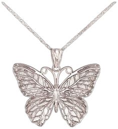 Solid 14k White Gold Butterfly Pendant Necklace Elegant Sterling Silver Butterfly Necklace With Butterfly Clasp, Luxury White Gold Butterfly Necklace, Formal White Gold Necklace With Butterfly Charm, Elegant Silver Round Butterfly Necklace, Luxury Silver Butterfly Jewelry, Formal Sterling Silver Butterfly Necklace, Silver Jewelry With Butterfly Charm For Formal Occasions, Sterling Silver Butterfly Necklace For Formal Occasions, Luxury Silver Butterfly Necklace For Formal Occasions