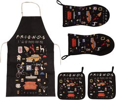 three aprons and two oven mitts with pictures of cats, dogs, and other things on them