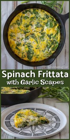 spinach frittata with garlic scapes in a cast iron skillet on a white plate