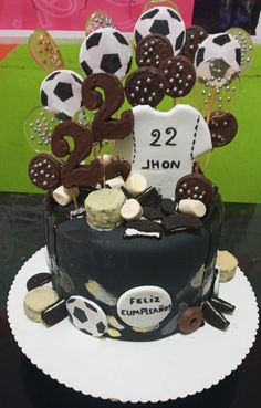 a cake decorated with soccer balls and numbers