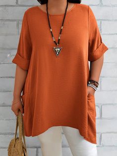 Camisa para o Verão Plus Size de Mulheres em Azul com Decote Redondo, Manga Curta e Duplo Bolso Solto e Casual para o Dia a Dia Marrom Casual  Meia manga Tecido Simples Top,Túnica Não elástico  Women Plus Clothing, size features are:Bust: ,Length: ,Sleeve Length: Fun Tops, Blouse Casual Fashion, Tunic Tops Casual, Upcycled Clothes, Blouse Casual, Plain Tops, Tops Casual, Summer Blue, Plus Size Shorts