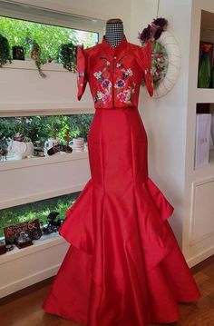 Filipiniana Terno (Red gown and hand painted red bolero) Silk Tafeta fabric. Fit Philippines size S/M   Perfect outfit for Multicultural, weddings, citizenship, school formal, birthday, Reyna Elena etc. Be proud to wear your Filipino heritage. #GawangPinas  #SarilingAtin #PromotingFilipinoculture Elegant Floral Embroidered Gown For Festivals, Elegant Floral Embroidery Gown For Festivals, Elegant Red Gown For Festivals, Elegant Gown For Ceremony And Festivals, Fitted Gown With Floral Embroidery For Festivals, Formal Red Gown With Floral Embroidery, Elegant Dresses For Ceremonies And Festivals, Elegant Dresses For Ceremony And Festivals, Red Gown For Festivals And Celebrations