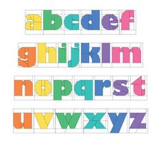 the alphabet is made up of different colors and shapes, including letters that appear to be cut