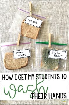 three pieces of bread on clothes pins with the words combat the spreading of germs in your classroom