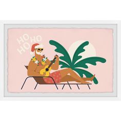 a santa clause sitting on top of a chair next to a palm tree and holding a guitar