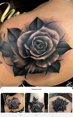 a black and white rose tattoo on the back of a woman's shoulder, with three