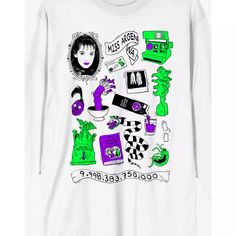 Beetlejuice Icons White Long Sleeve T Shirt - Spencer's Pop Culture Long Sleeve Tops With Graphic Print, Long Sleeve Graphic Tee With Funny Print, Pop Culture Graphic Long Sleeve Tops, Titanium Belly Ring, Labret Jewelry, Fake Plugs, Eyebrow Ring, Fake Nose, Titanium Jewelry