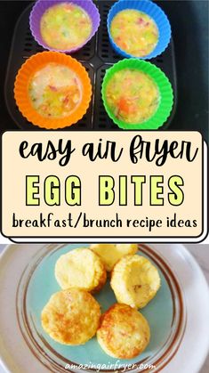 egg bites recipe in muffin tins on a plate with the words easy air fryer egg bites