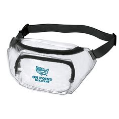 a clear fanny bag with the words on point dental written in green and black lettering