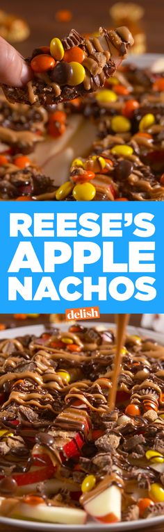 reese's apple nachos recipe on a platter with the words reese's apple nachos