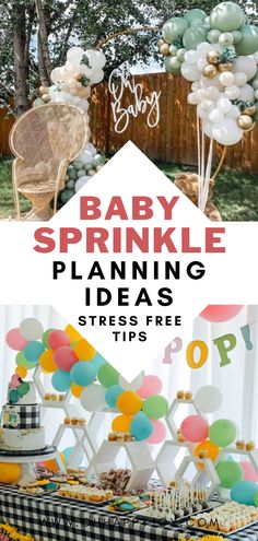 a baby sprinkle party with balloons, cake and desserts on the table