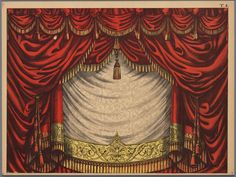 an illustration of a stage with red curtains and gold trimmings on the curtain