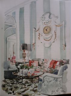 a drawing of a living room with couches and tables in front of a clock on the wall