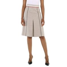 Burberry Ladies Bottoms. Fashion category: Skirts. SKU: 8039345. Color: Ecru Ip Chk. Burberry Ladies Ecru Box Pleat Detail Skirt. 62% Wool; 20% Camel Hair; 11% Viscose; 4% Goat Hair; 3% Polyamide. Color: White.  Gender: female.  Age Group: adult. Daywear Beige Flared Skirt, Beige Flared Skirt For Daywear, Summer Office Skirt Short Length, Cream Pencil Skirt For Workwear, White Knee-length Bottoms For Office, Beige A-line Bottoms For Workwear, Beige Pleated Skirt Bottoms For Daywear, Beige Pleated Skirt For Daywear, Beige Summer Office Skirt