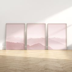 three pink framed pictures on a wall in an empty room with wood flooring and white walls