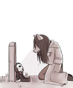 a woman kneeling down next to a small child in front of a grave with an animal on it