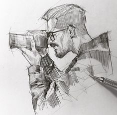 a pencil drawing of a man holding a camera and looking into the distance with his right hand