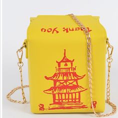 Unique Chinese Food To-Go Box Figure Cross Body Faux Leather Flap Top With Magnetic Snap Closure Detachable Shoulder Strap 6(L) X 6.5(H) X 6(W) Neon Yellow Yellow Rectangular Box Bag For Travel, Yellow Square Box Bag For Travel, Rectangular Yellow Box Bag For Daily Use, Kate Spade Purse Pink, Navy Blue Purse, Bags Unique, Crossbody Saddle Bag, Snake Skin Handbag, Unique Backpacks