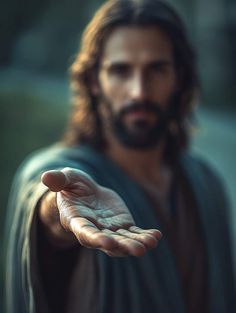 a man with long hair and beard holding out his hand