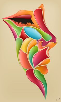 an abstract art piece made up of colorful shapes and lines, with the image of a woman's face