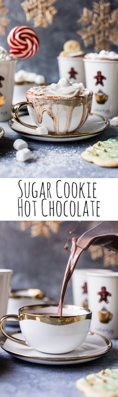 there are two pictures of sugar cookies and hot chocolate