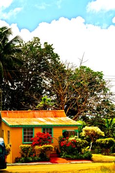 a small yellow house surrounded by trees and bushes with a blue car parked in front