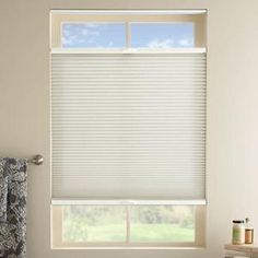 a bathroom window covered in white blinds