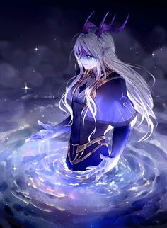 a woman with long white hair standing in water