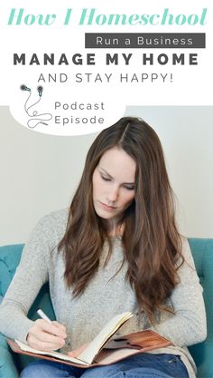 a woman sitting on a couch reading a book with the title how i homeschool manage my home and stay happy