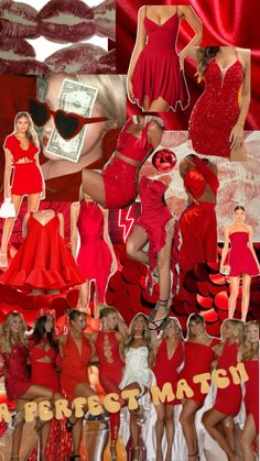 a collage of photos with red dresses and lipstick