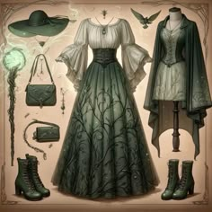 an image of a woman's dress and accessories in the style of steampunk