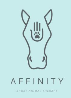 a horse's head with the word affinity written in black on a light blue background