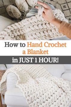 a woman is holding a crochet blanket in just 1 hour and it looks like she's knitting