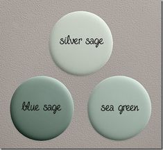 three buttons with words on them that say, we see green and other things in the background